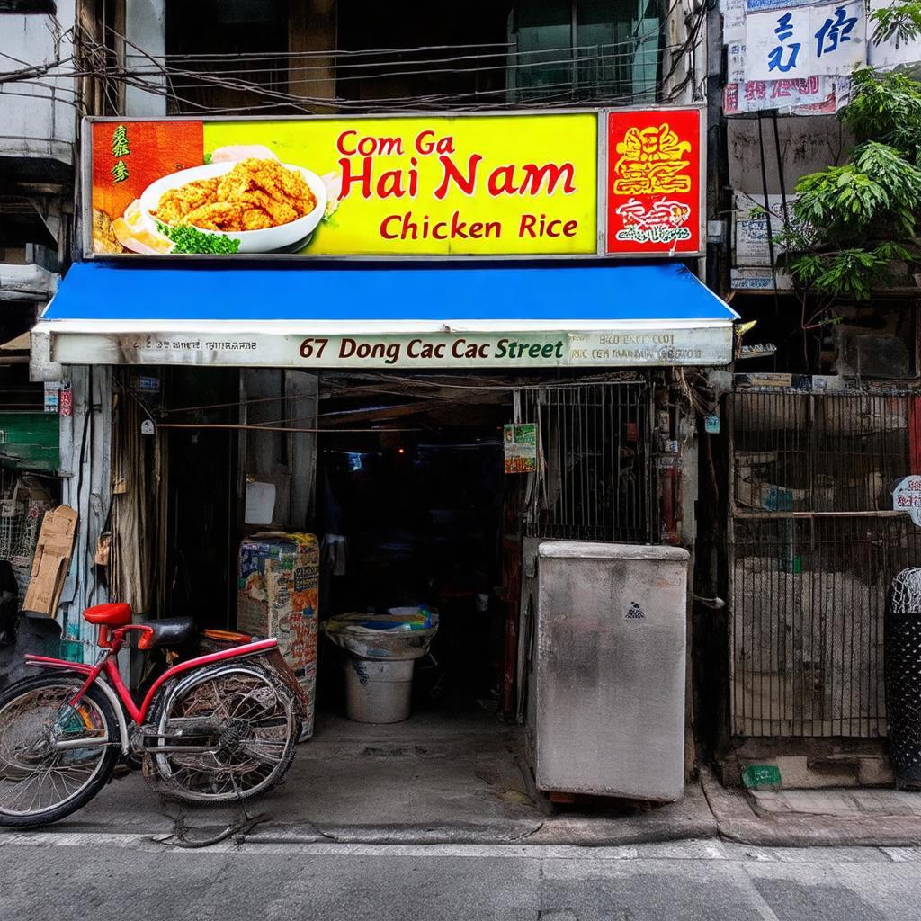 Mặt tiền Quán Cơm Gà Hải Nam 67 Đông Các Đống Đa Hà Nội với biển hiệu nhận diện